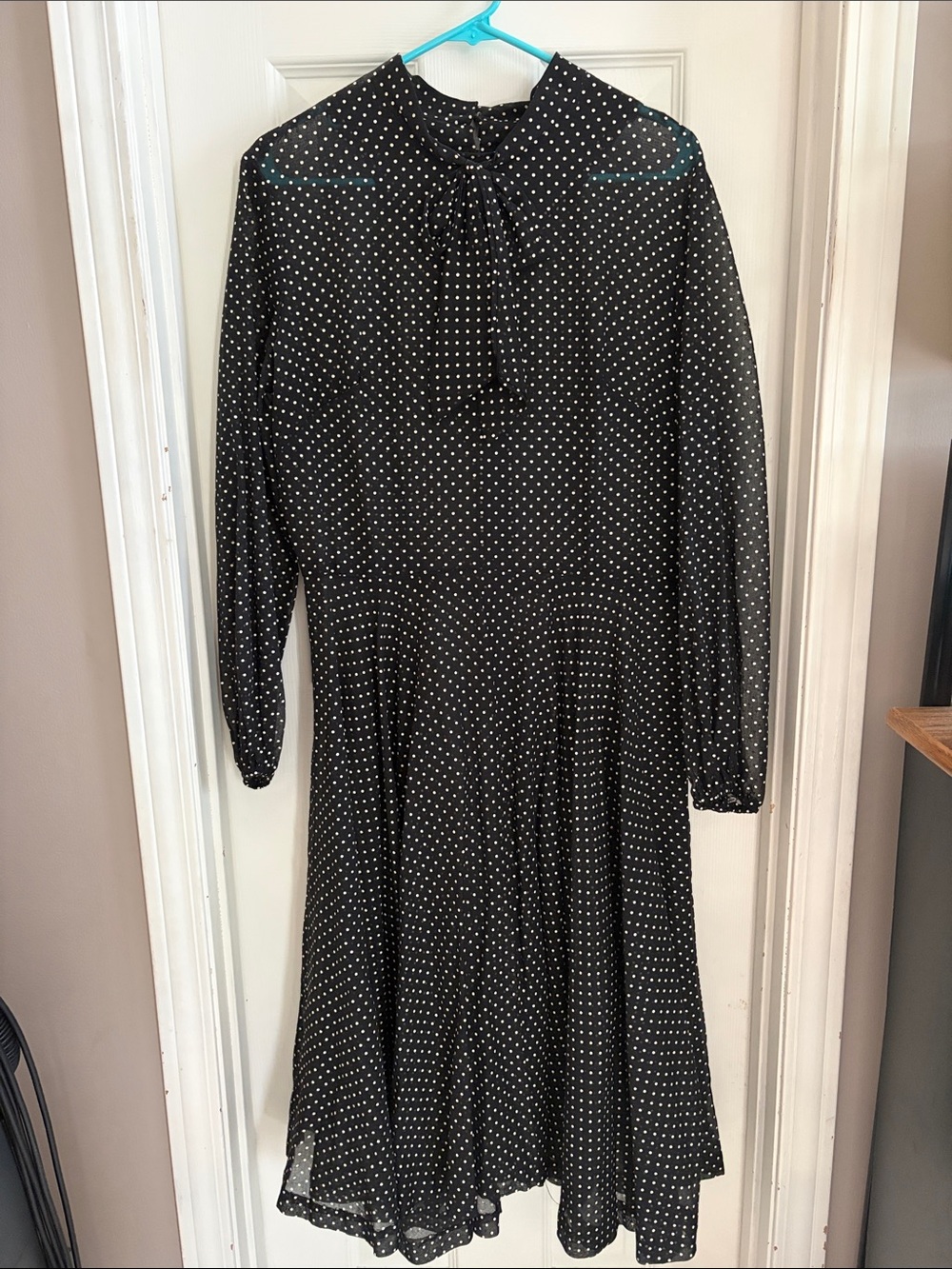 Vintage Black Polka Dot Tie-Neck Midi Dress